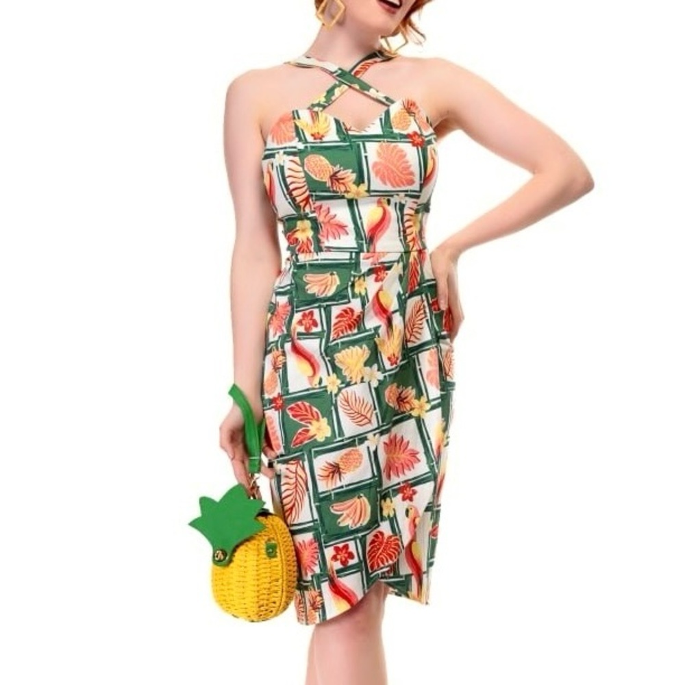 Collectif Green and Red Tropical Print Mini Dress